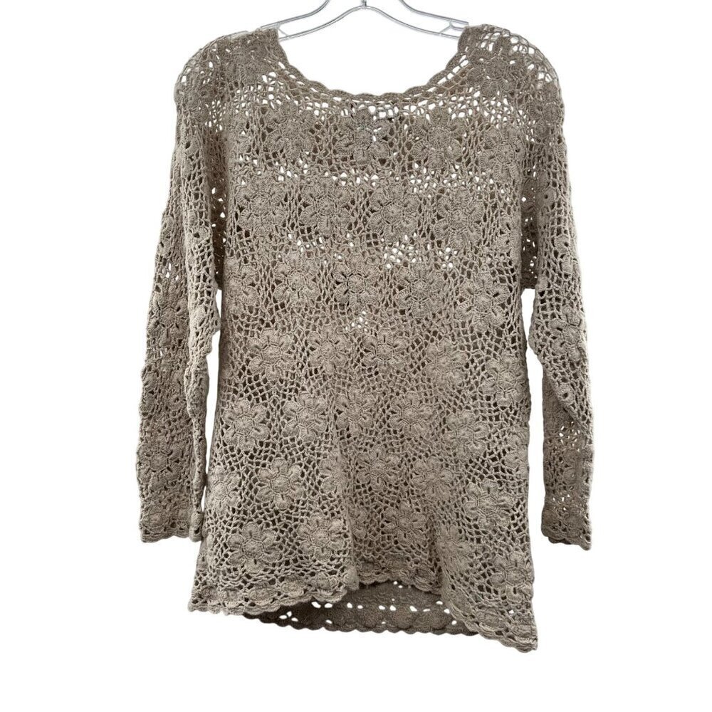 Yarnworks Petite Womens Open Floral Crochet Top Beige Size Medium